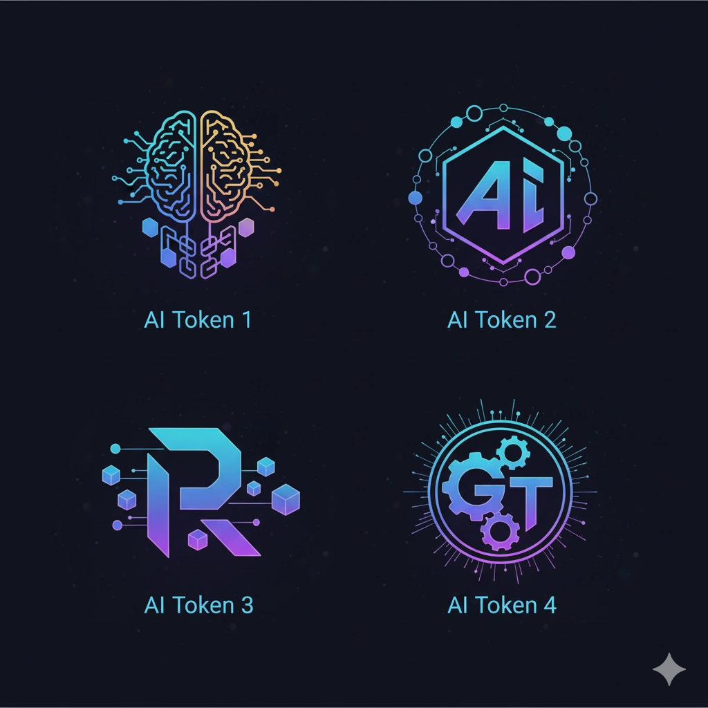 Logos of various AI crypto tokens like FET, GRT, and RNDR, representing the AI and blockchain ecosystem.
